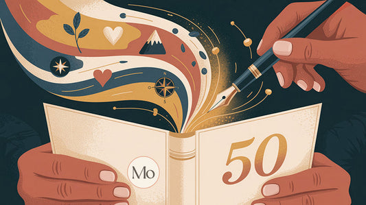 Illustration representing the opening of a 50th birthday card with a fountain pen poised to write a heartfelt message