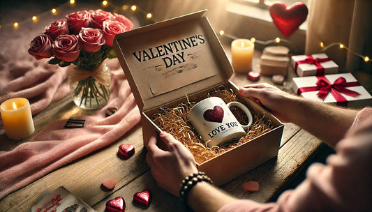 An image showing the unboxing of a valentines gift. The hand are holding the box open and a personalised mug with a heart printed on it can be seen in the box. the scene is surrounded by chocolate hearts, candles and small gift boxes