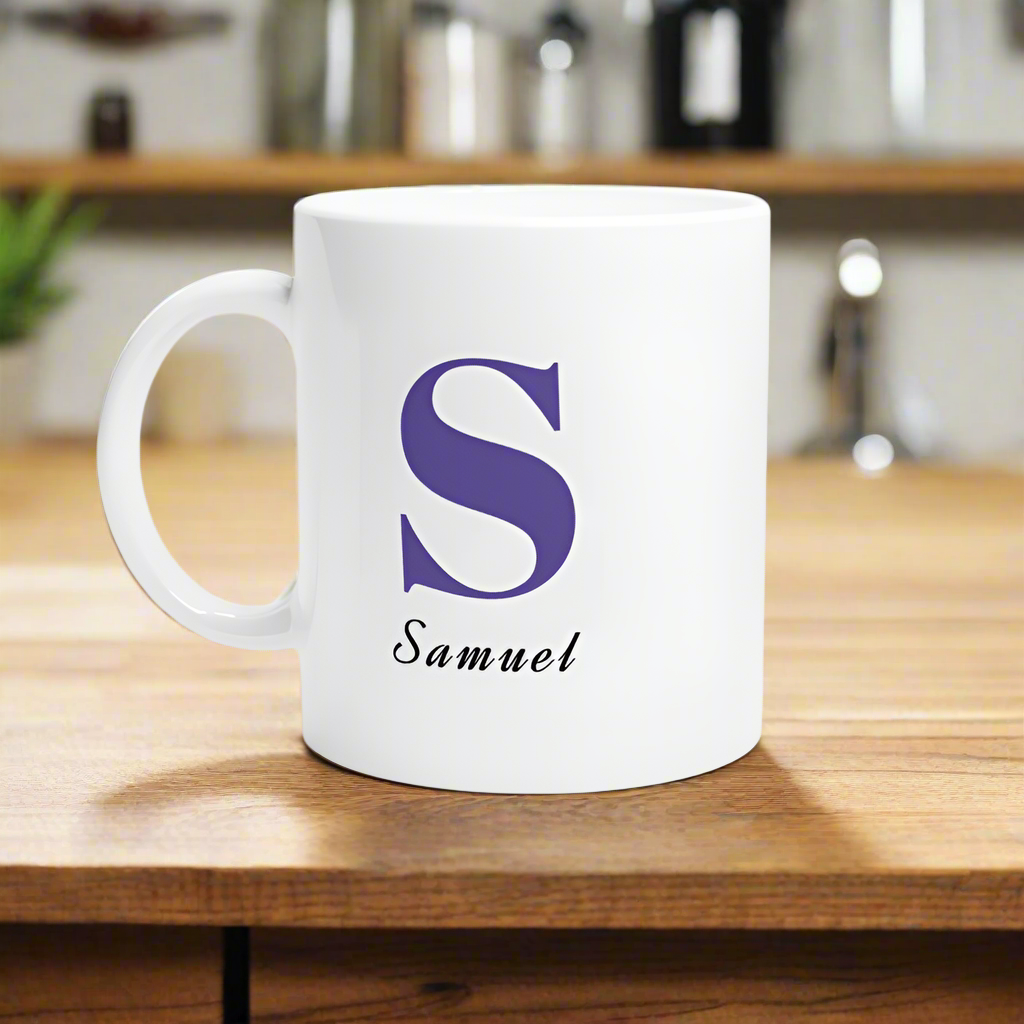 White mug with Blue initial and name