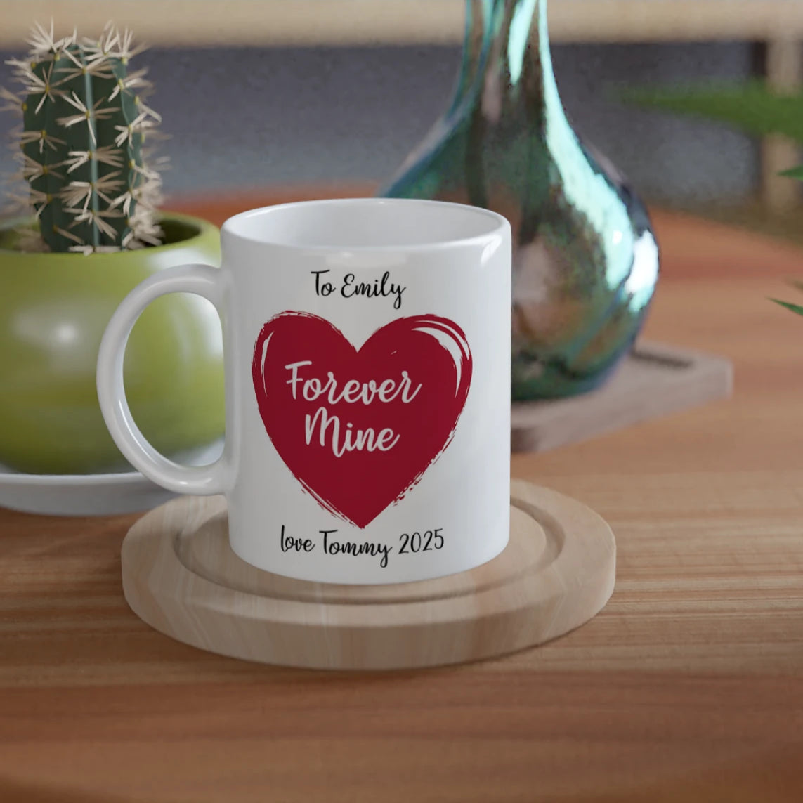 Coffee mug with red heart and text "To Emily forever mine, love Tommy 2025"