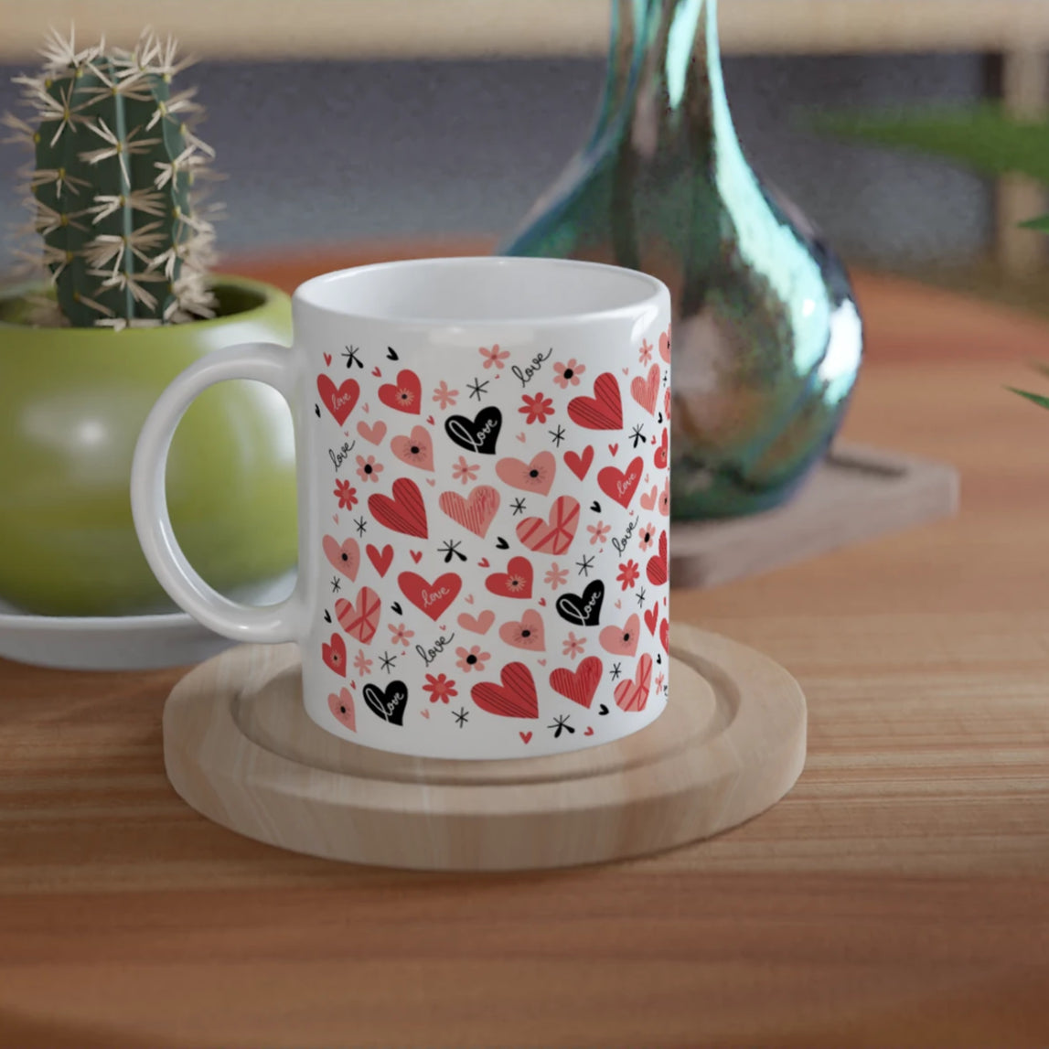 White coffee mug with pink and red hearts  and floral design