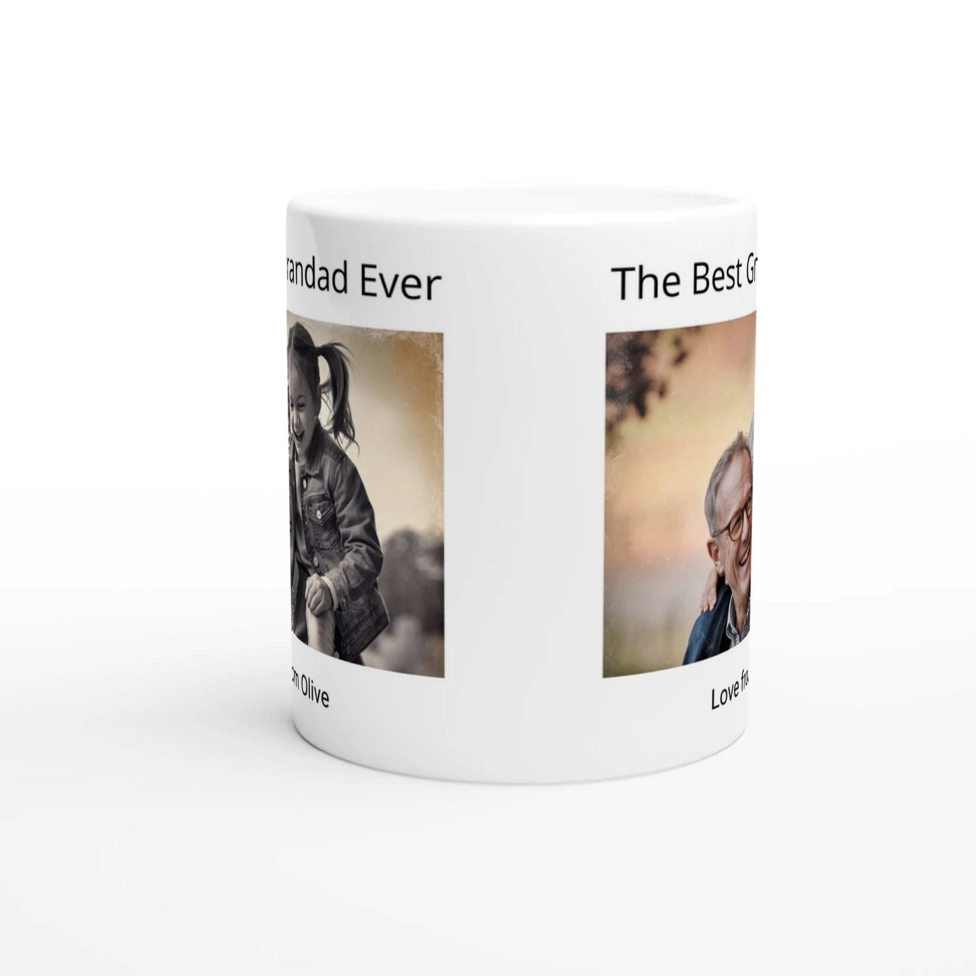 Image of grandad carrying granddaughter printed on a mug