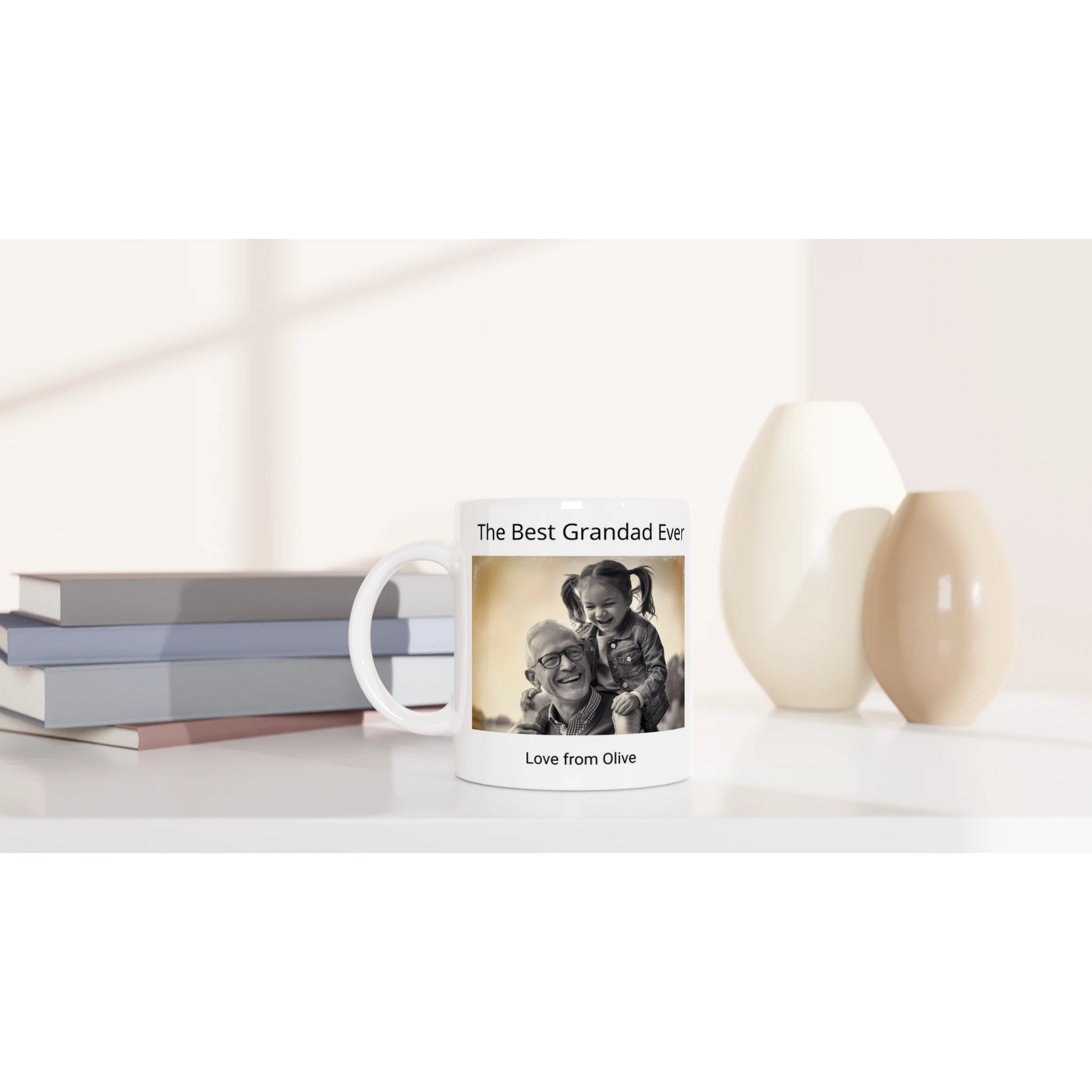 Image of grandad carrying granddaughter printed on a mug