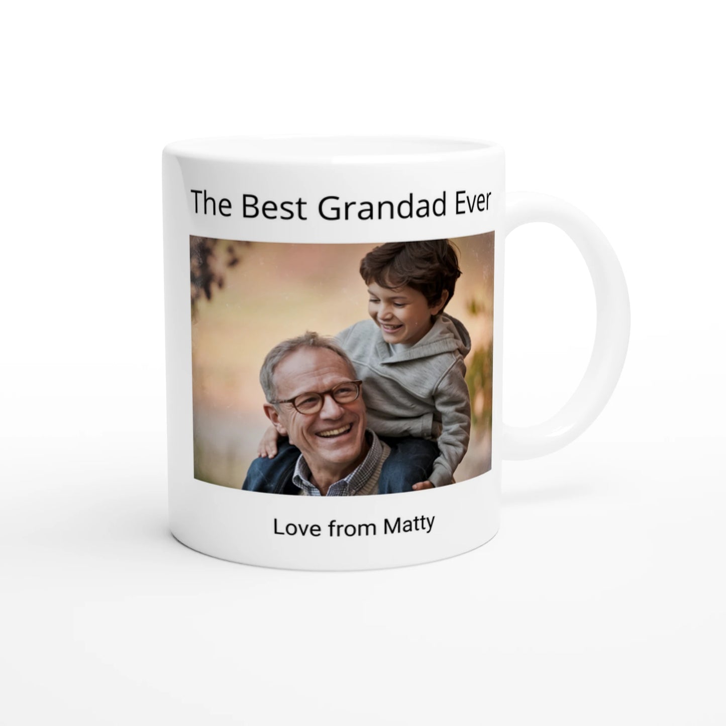 Image of grandad carrying grandson printed on a mug