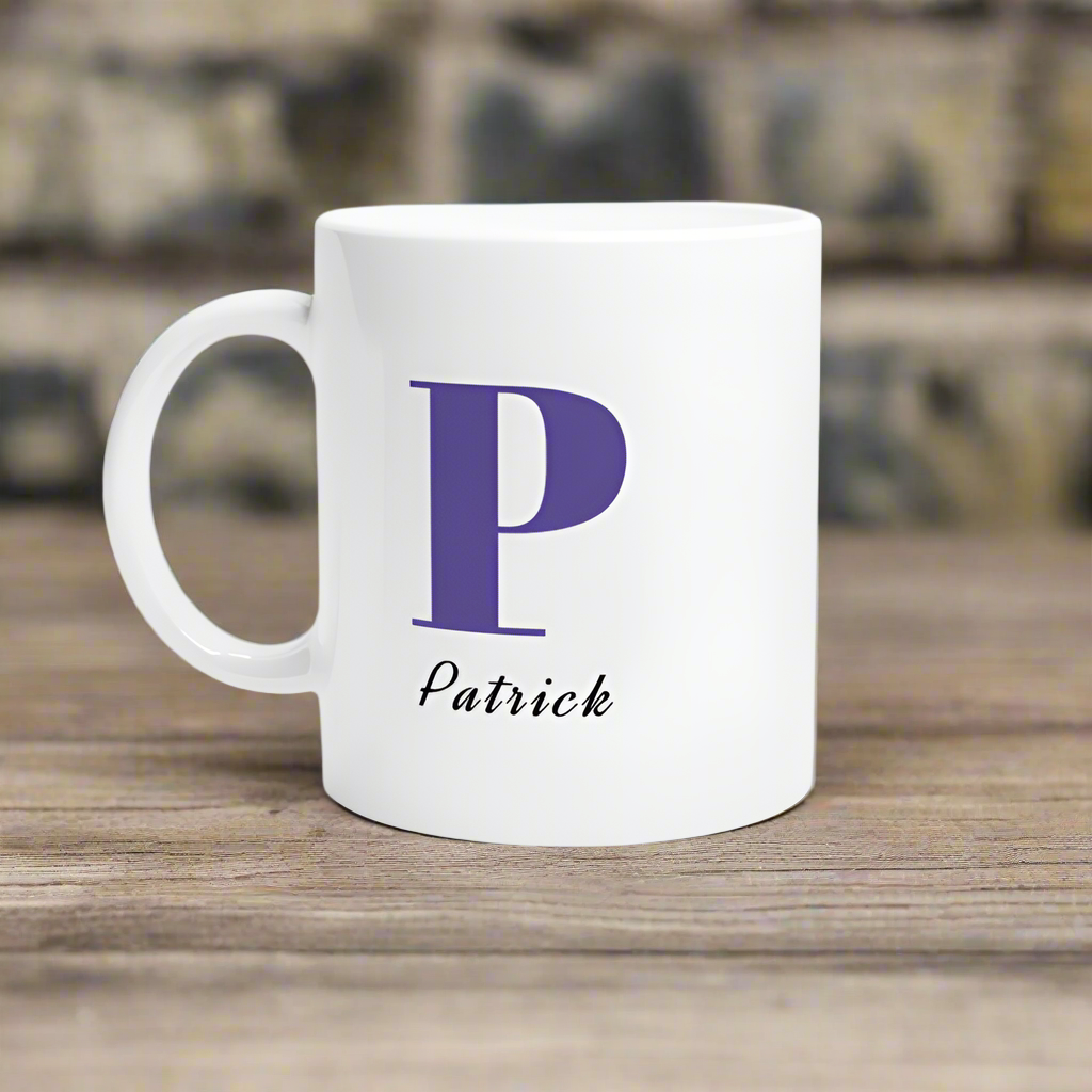 White mug with Blue initial and name