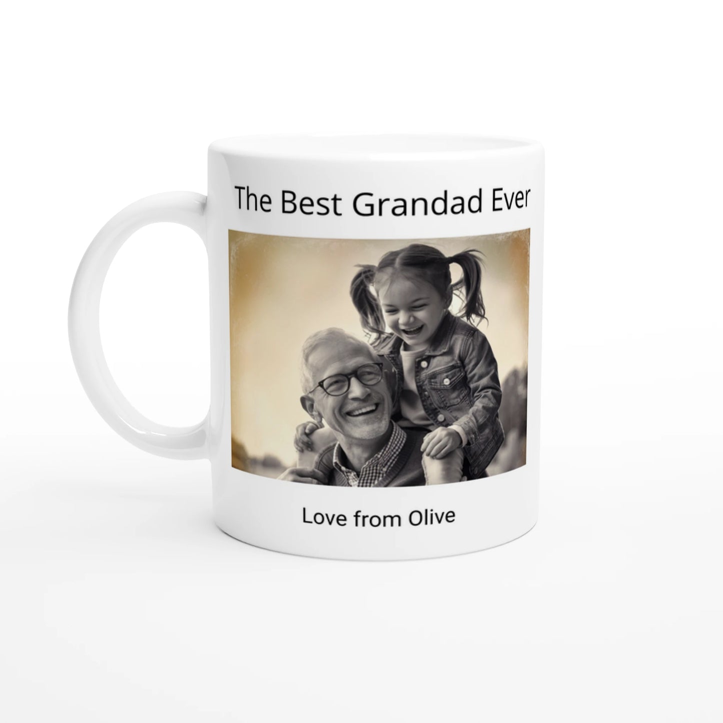 Image of grandad carrying granddaughter printed on a mug